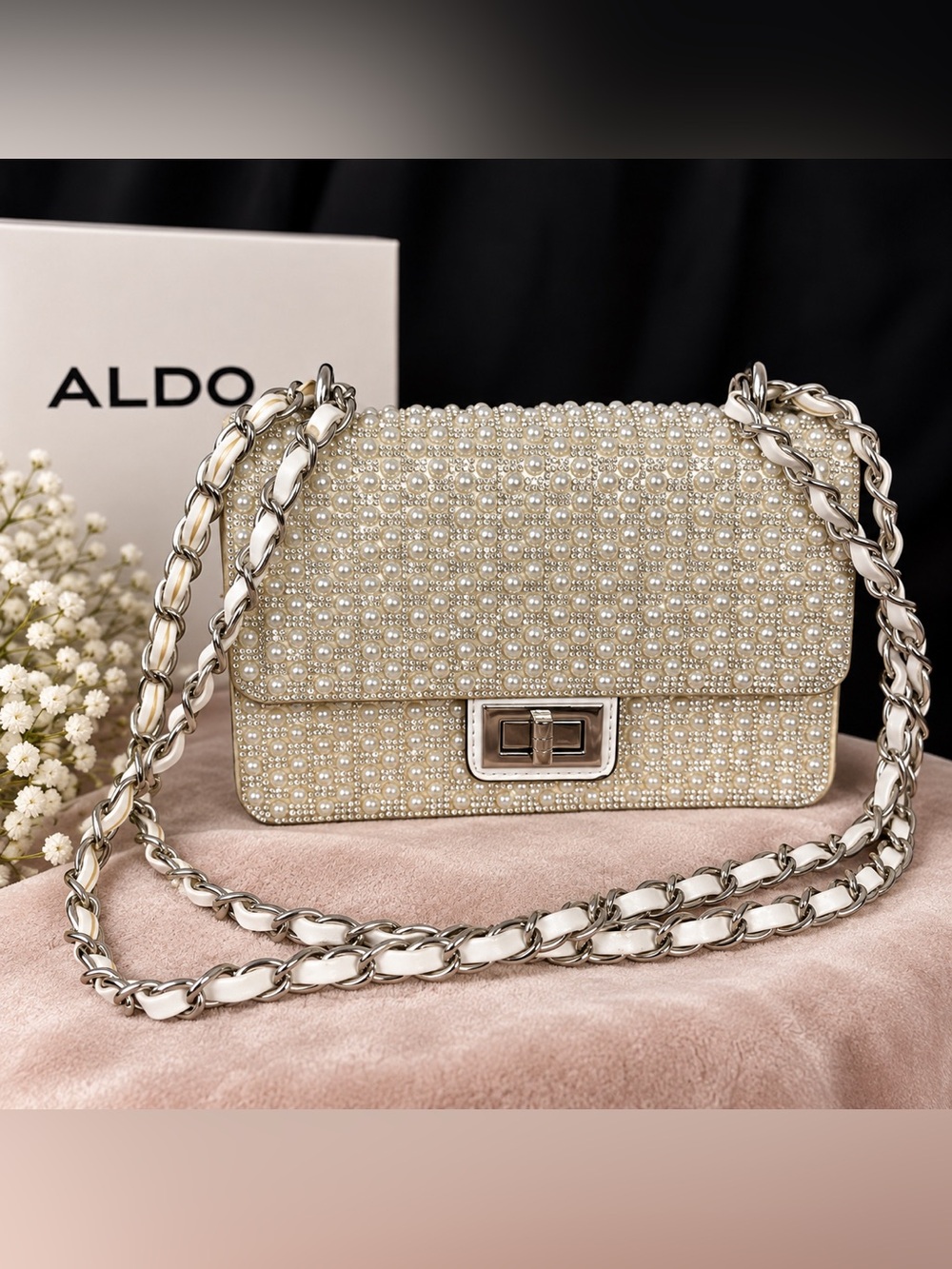 ALDO Pearl-Embellished Cream Crossbody Bag with Silver Chain